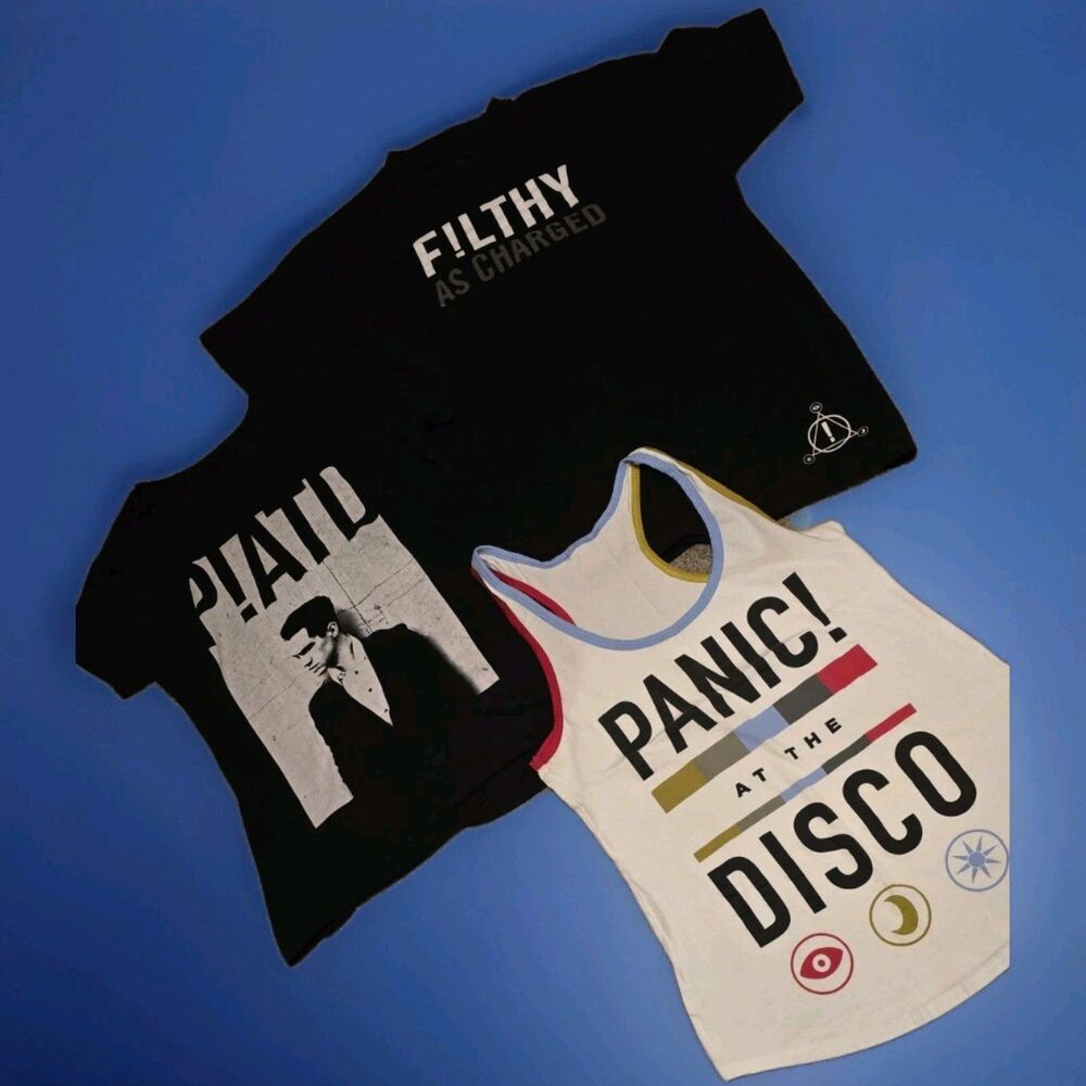 3 WOMAN'S PANIC AT THE DISCO SIZE:M/L 2-BLACK GRAPHIC TEE'S,1-TANK*GREAT COND*